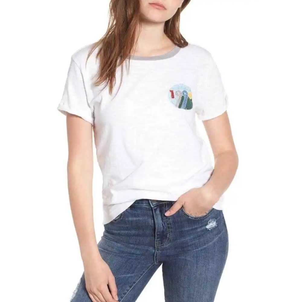 Lucky Brand Women’s White Embroidery 100% Cotton ‘1990’ Tee Size Medium